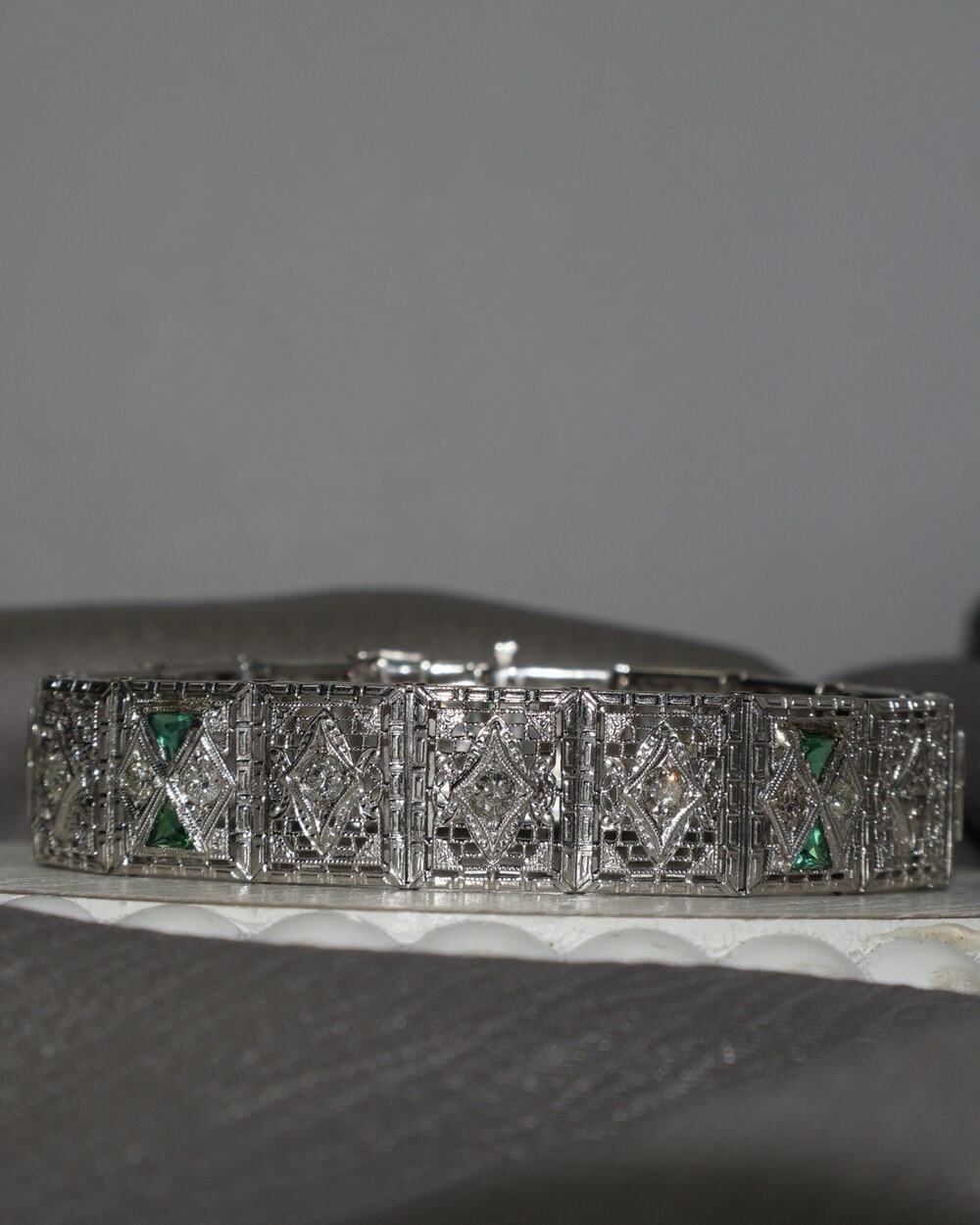 Art Deco 14k , Platinum Emerald & Diamond Bracelet 23.2G / 7in